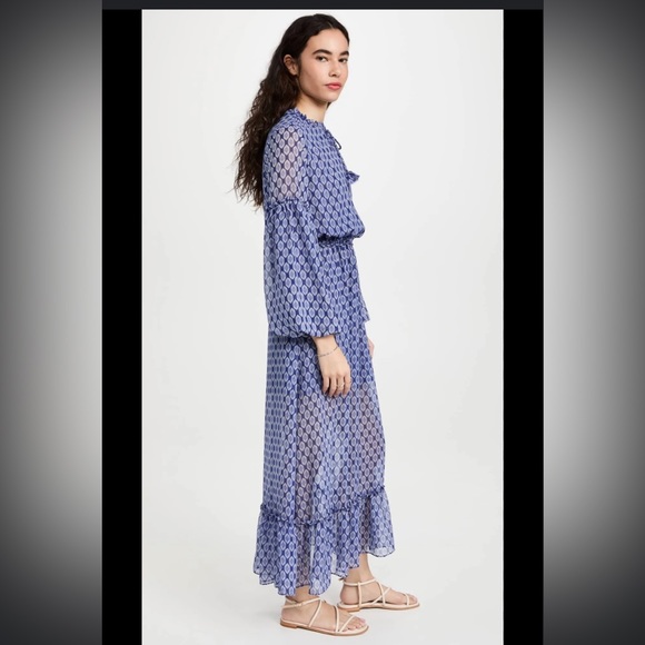 Miss Los Angeles Amata Geometric Peasant Maxi Dress XS Blue White - Picture 3 of 7